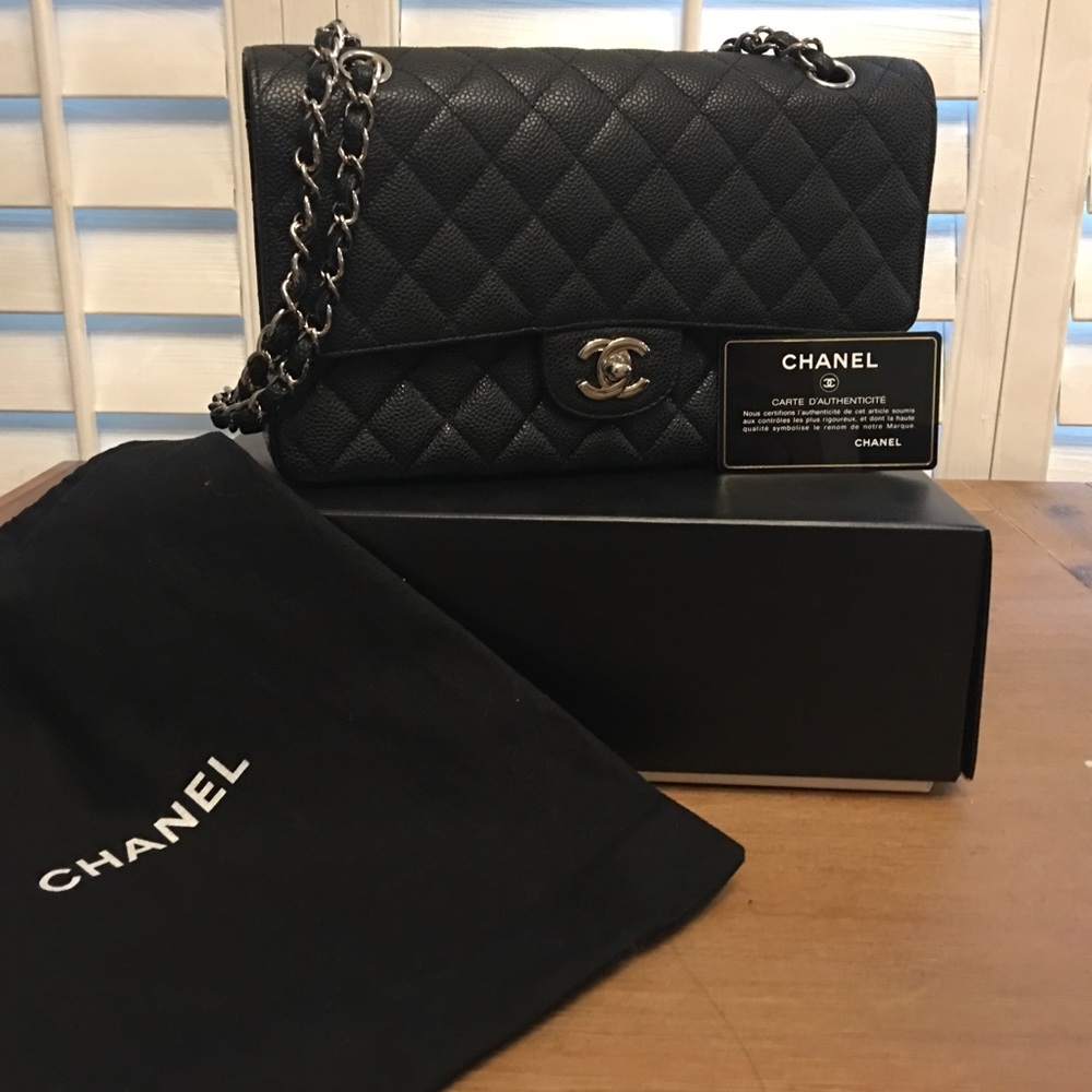 Chanel Classic BLK Caviar MED DBL Flap Bag W/ SHW